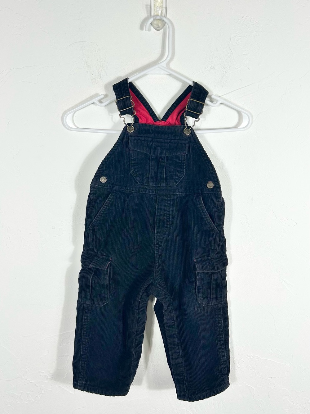 VTG OshKosh B'gosh Black Corduroy Overalls Red Lined Cargo Pockets 24M